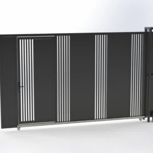 Large black modular equipment cabinet with vertical white vent slats, on wheels, spanning across the image.