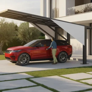 Red SUV under a modern carport in a residential driveway with a person approaching the driver's door.
