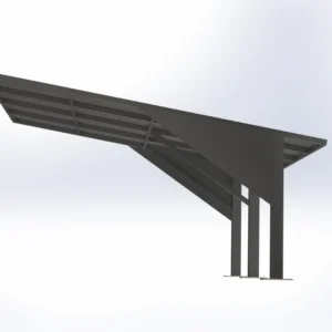 Large modern steel canopy with a slatted roof extending from three vertical supports, viewed from beneath against a pale sky.