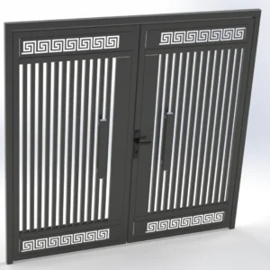 Double black metal double doors with vertical slats and decorative Greek-key borders at top and bottom, handles in the middle edge.