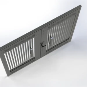 Long gray metal gate wall with two barred panels flanking a central door, decorative border and vertical bars