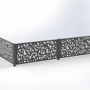 Decorative metal fence panels with an abstract triangular cutout pattern, connected in a three-panel railing system.