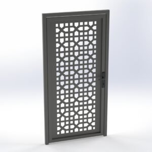 Dark gray door with a decorative geometric lattice panel in the center.