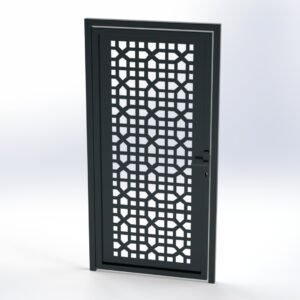 Tall dark gray metal door with a decorative geometric lattice grille and a side handle.