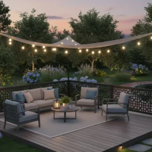 Outdoor patio lounge on a wooden deck at dusk with string lights and beige cushioned chairs around a round table, garden in the background.