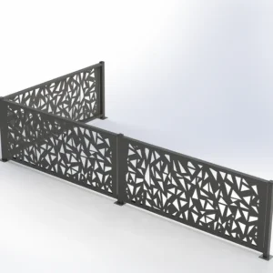 L-shaped decorative metal railing panels with a dense triangular lattice cutout pattern, forming a barrier.