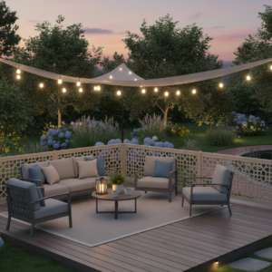 Outdoor wooden deck lounge area at dusk with beige cushioned seating, string lights, and a central coffee table, set in a garden.