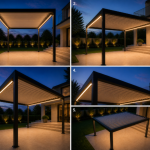 Evening view of a rectangular black metal pergola over a tiled patio with warm integrated lights along the beams, and a manicured lawn and shrubs in the background.