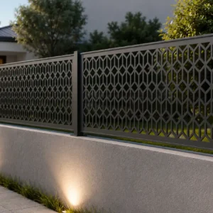 Dark gray decorative metal fence with diamond lattice panels atop a concrete retaining wall, illuminated by ground lights at dusk.