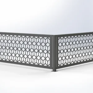 L-shaped decorative metal railing with diamond lattice panels and square posts on a white background.