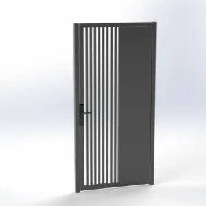 Modern gray metal door with a vertical slat grille on the left and a solid right panel; black lever handle visible on the left edge of the door.