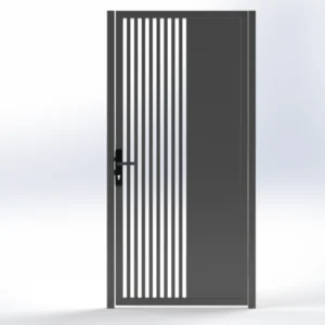 Dark gray door with a vertical white slat grille on the left half and a black door handle; set against a light studio background.
